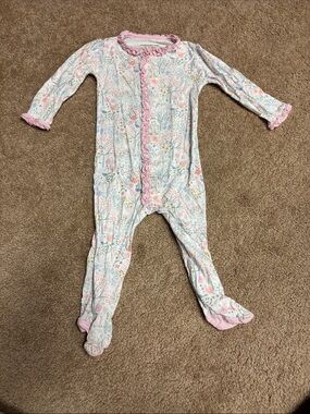 Magnetic Me Pastel Floral Ruffle Footed One-Piece - Pink Trim